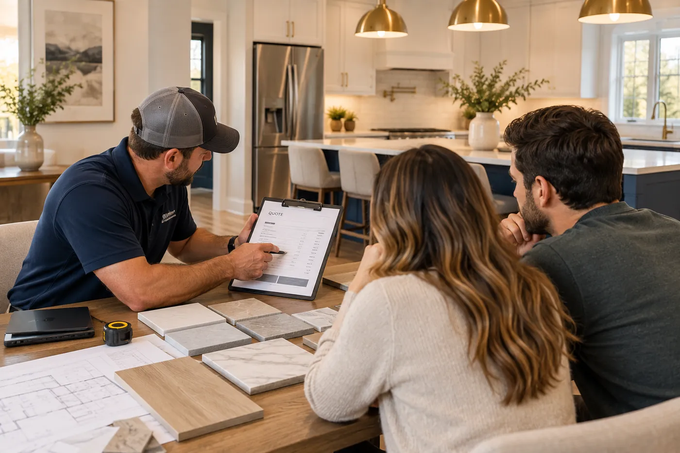 Contractor reviewing a written renovation quote with homeowners